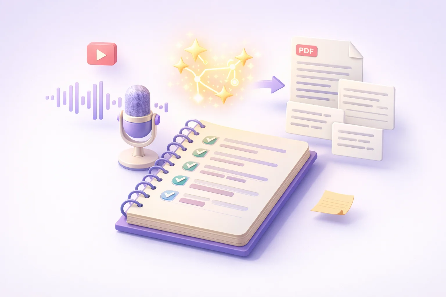 Illustration of an AI note-taking workflow — notebook, microphone, and PDF turning into organized study notes — comparing the best AI note-taking apps for students