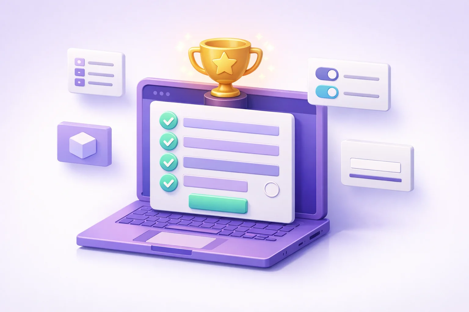 Purple 3D laptop showing an AI-generated quiz with a gold trophy — comparing the best AI quiz generators in 2026