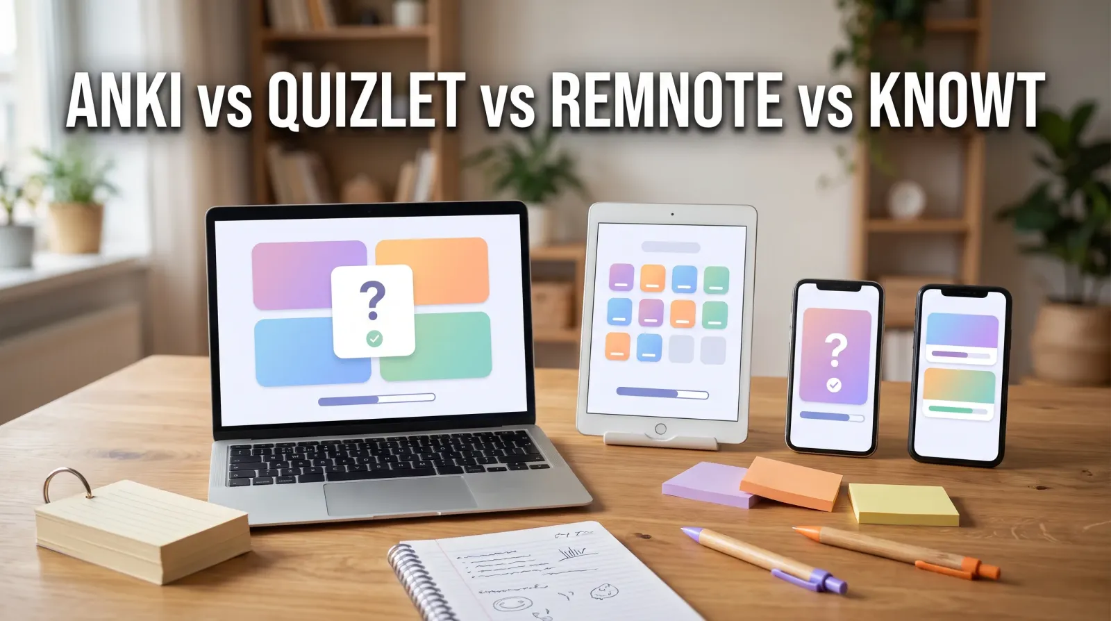 Anki vs Quizlet vs RemNote vs Knowt comparison - a laptop, tablet and two phones on a wooden desk showing flashcard study interfaces, with index cards and a notebook