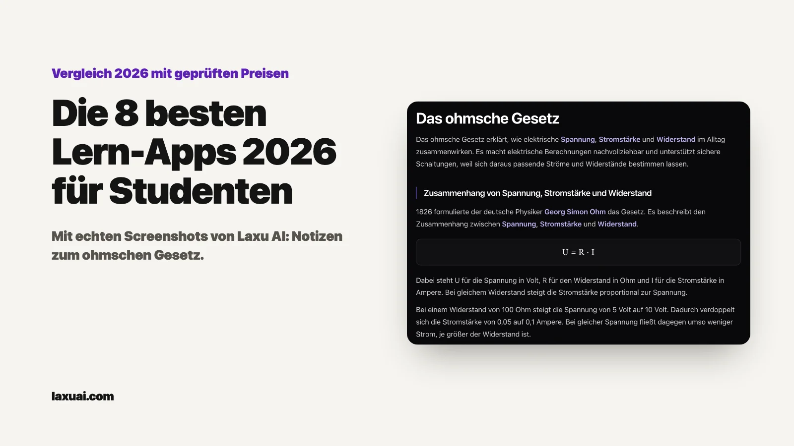 Titelbild: „Die 8 besten Lern-Apps 2026 für Studenten“ neben einem echten Screenshot von Laxu-AI-Notizen