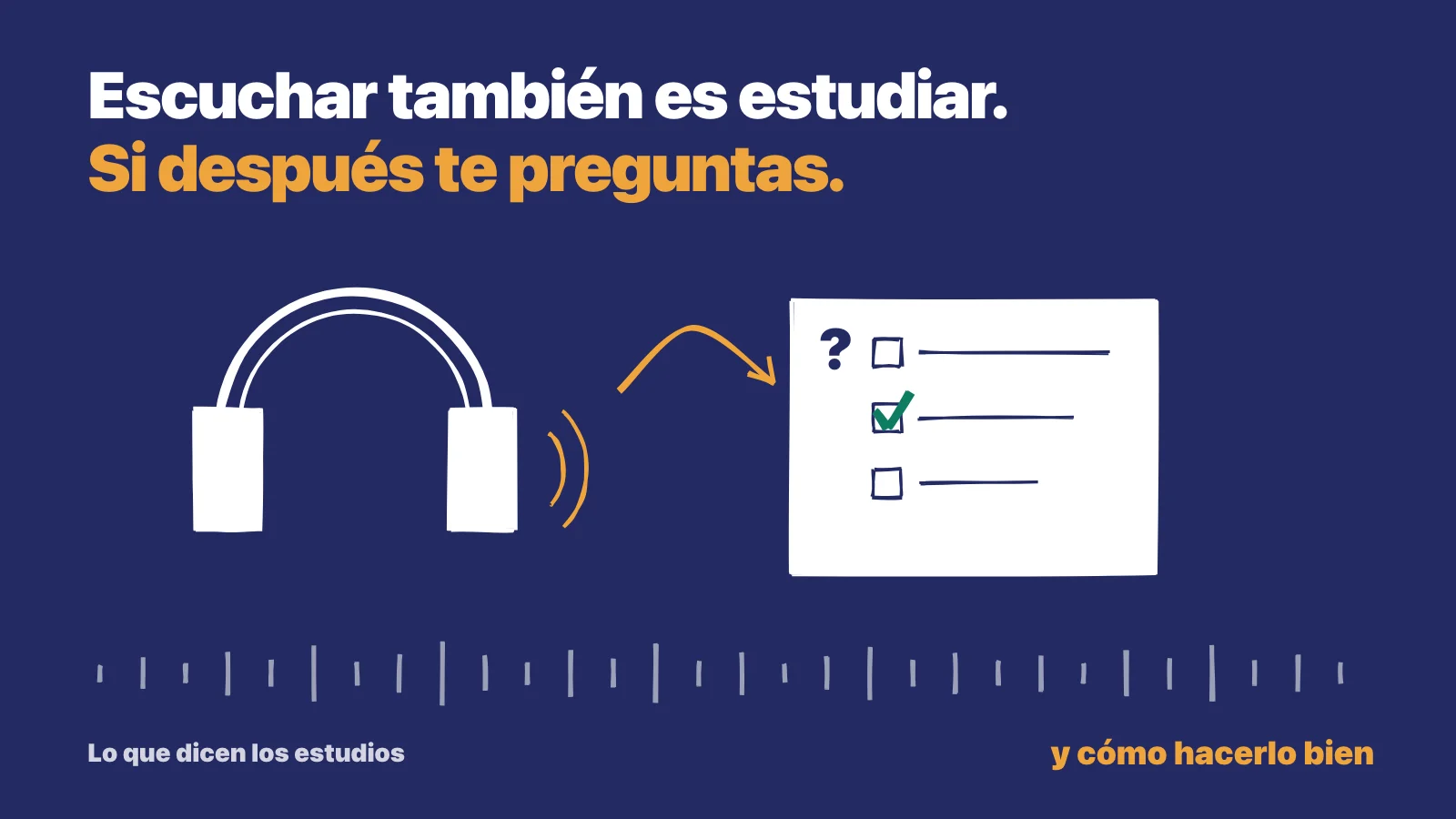 Dibujo de unos auriculares con una flecha hacia una tarjeta de preguntas con una respuesta marcada