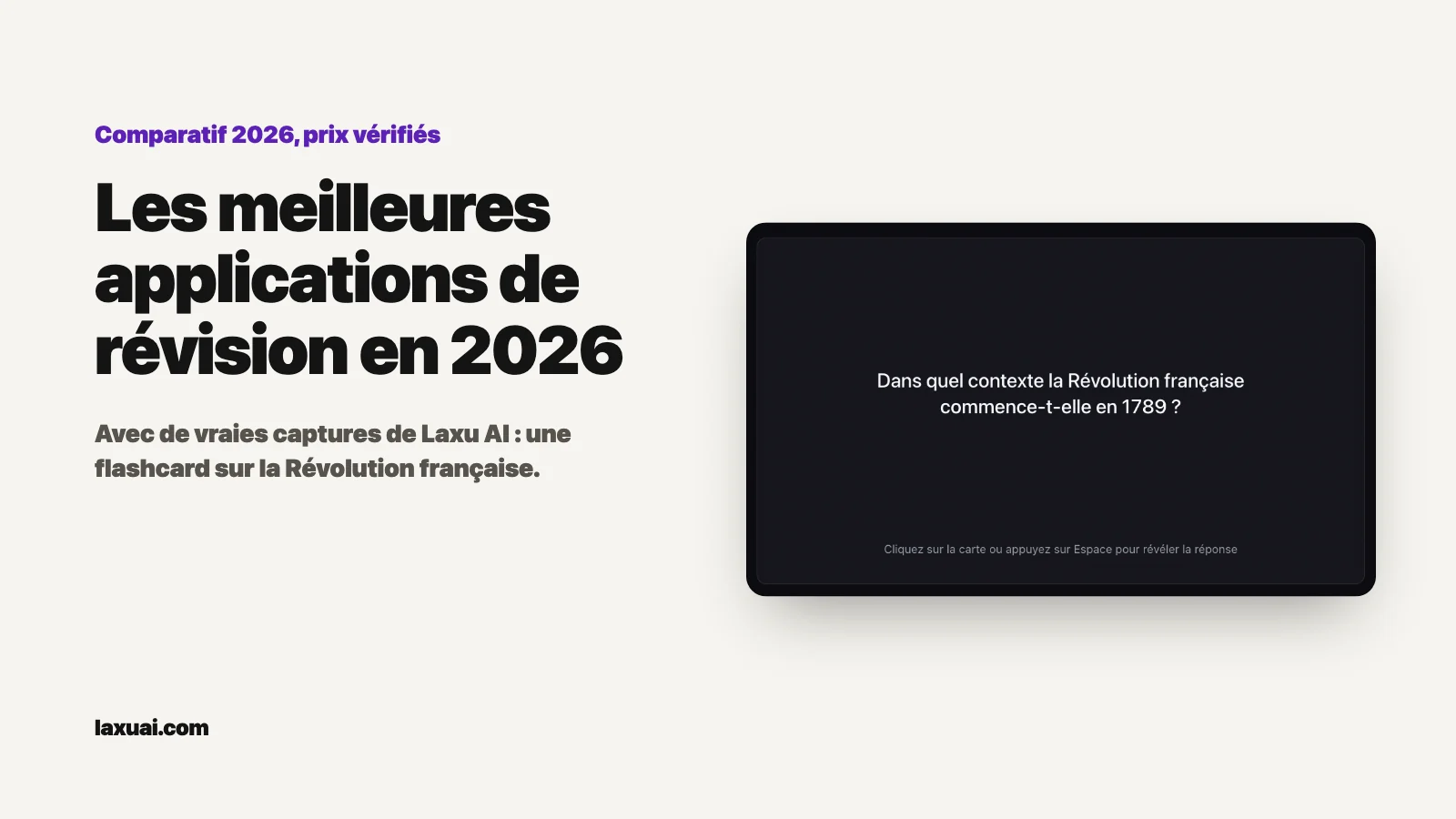 Couverture : « Les meilleures applications de révision en 2026 » avec une vraie capture d'une flashcard Laxu AI
