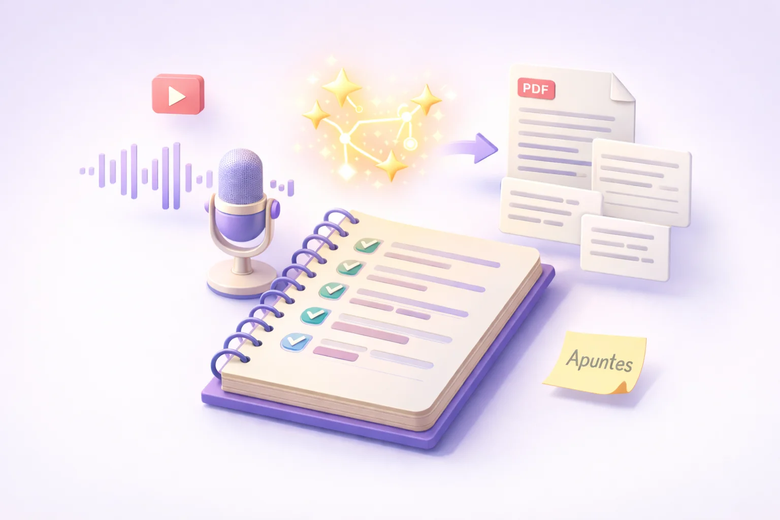 Ilustración de flujo de notas con IA — cuaderno, micrófono y PDF convirtiéndose en apuntes organizados — comparación de las mejores apps de notas con IA para estudiantes