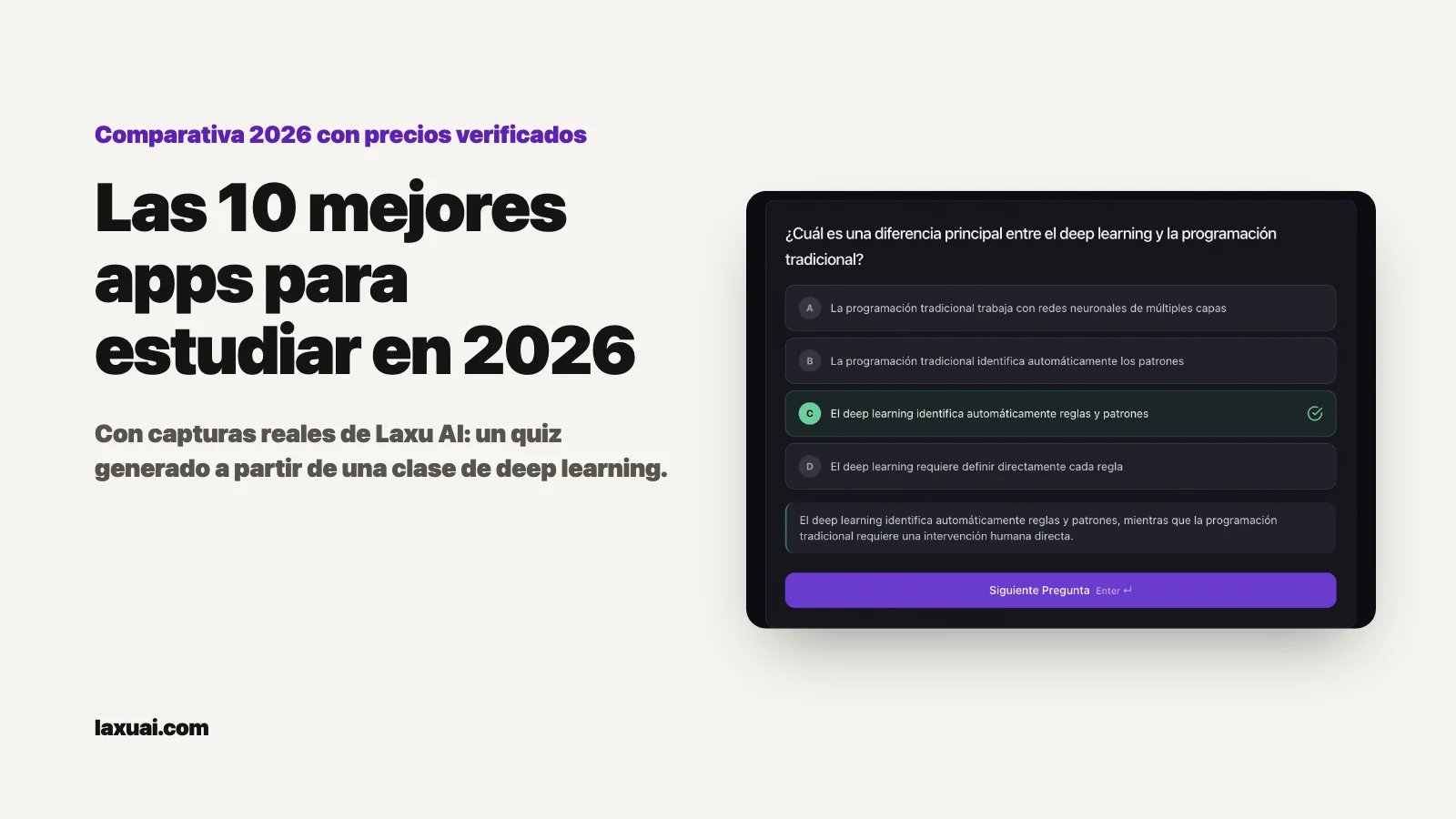 Portada: «Las 10 mejores apps para estudiar en 2026» junto a una captura real de un quiz de Laxu AI