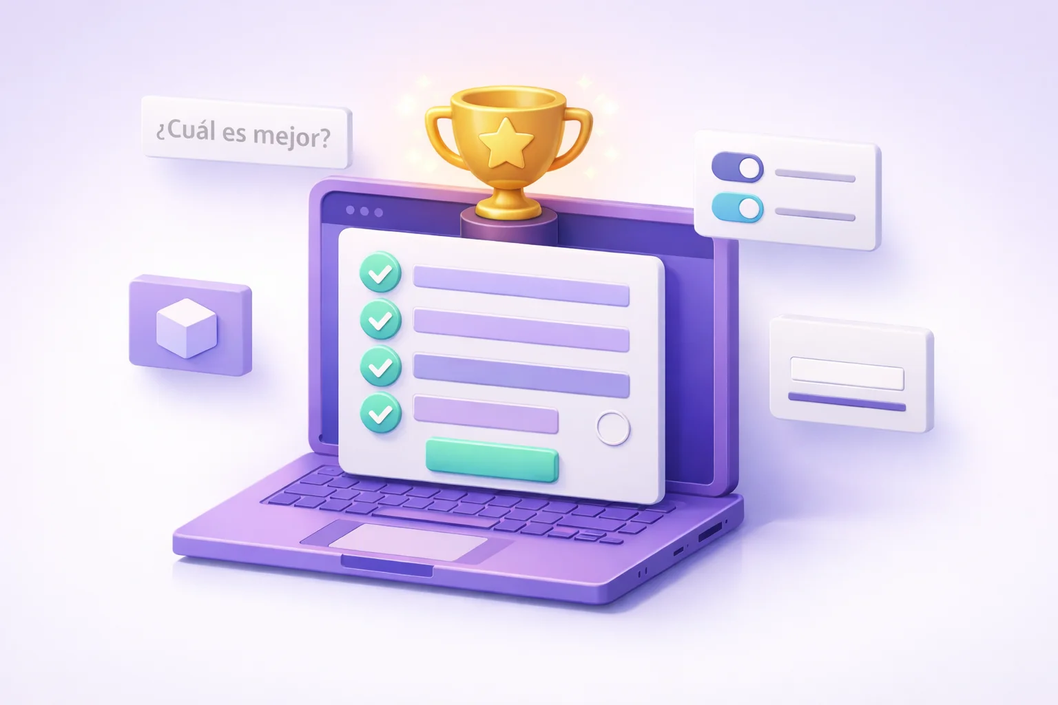 Laptop 3D morado con un quiz generado por IA y un trofeo dorado — comparación de los mejores generadores de quiz con IA en 2026