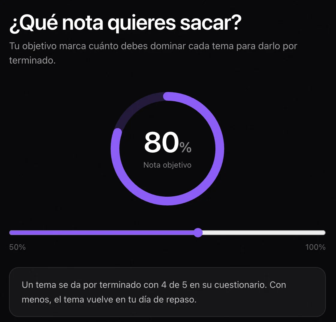 Pantalla de Laxu AI con una nota objetivo del 80 % y la regla para dar un tema por terminado