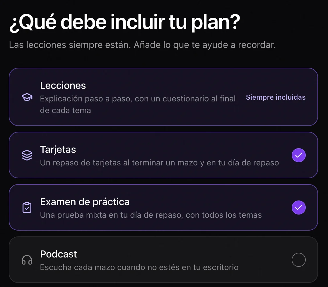 Opciones del plan en Laxu AI: lecciones siempre incluidas, y tarjetas, examen de práctica y podcast a elegir