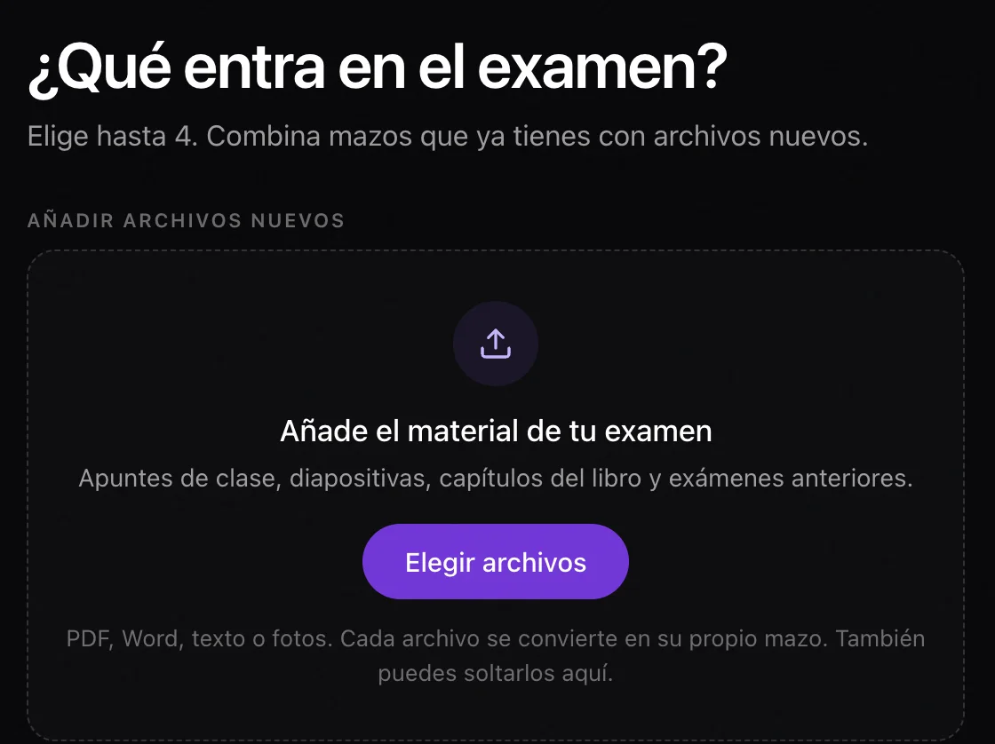 Pantalla de Laxu AI que pregunta qué entra en el examen, con un recuadro para añadir apuntes, diapositivas y exámenes anteriores