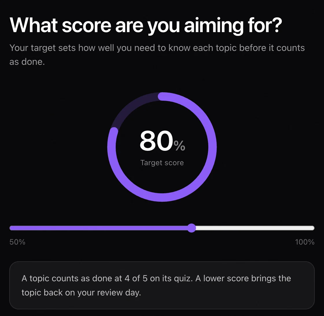 Laxu AI exam setup screen with an 80% target score and the rule for when a topic counts as done