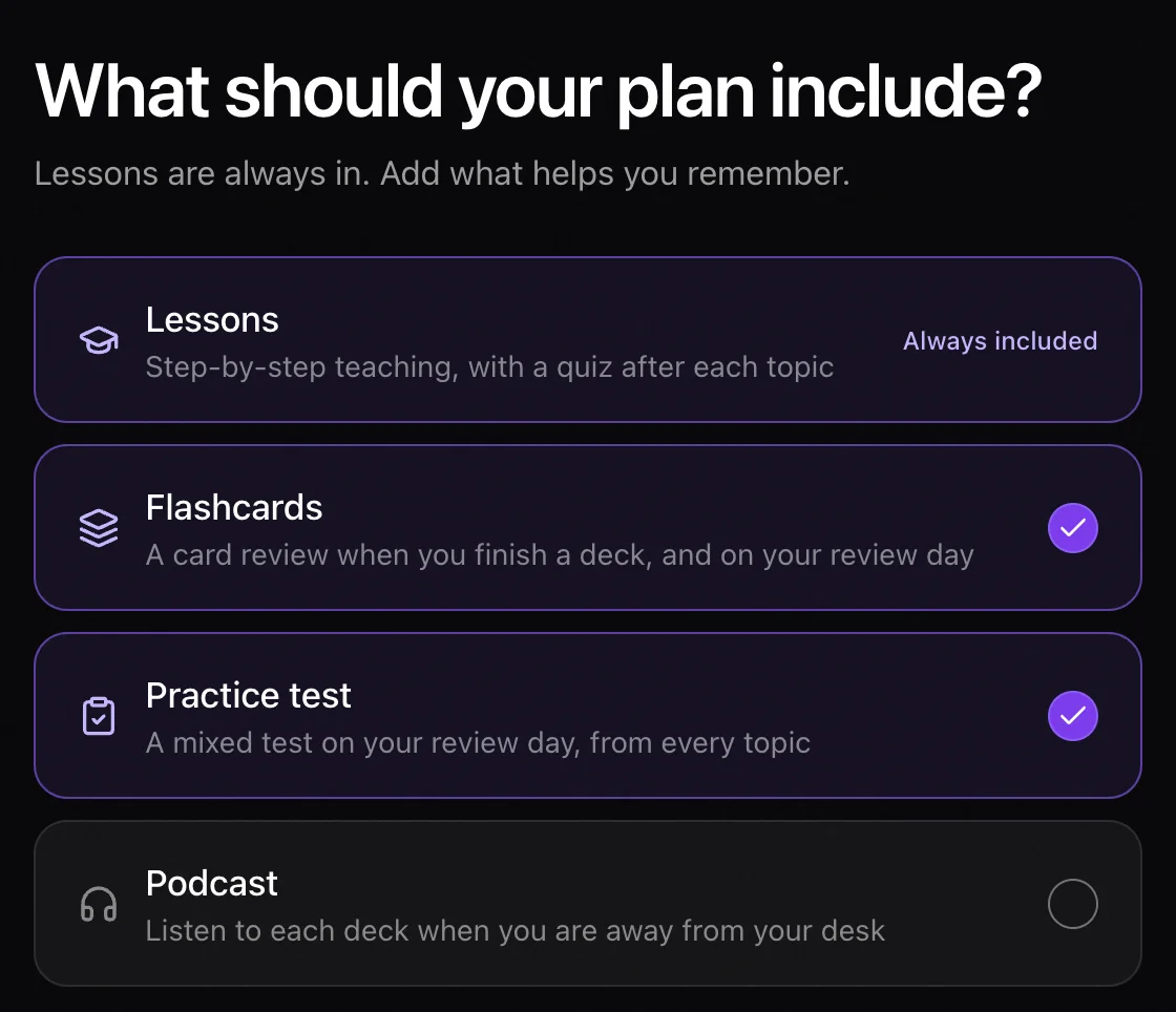 Laxu AI plan options: lessons always included, with flashcards, practice test and podcast as choices