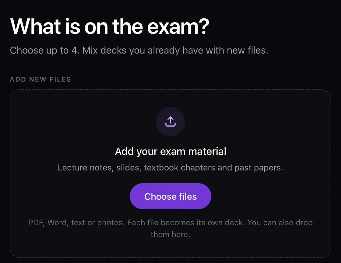 Laxu AI screen asking what is on the exam, with a box to add lecture notes, slides, chapters and past papers