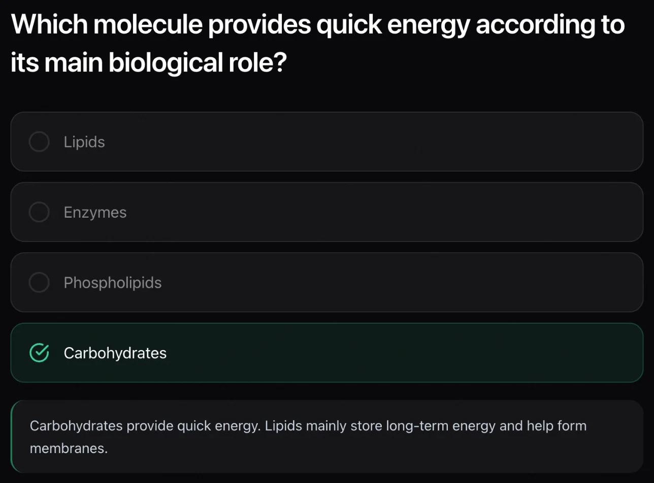 Laxu AI topic quiz: which molecule provides quick energy, with Carbohydrates marked correct and an explanation below