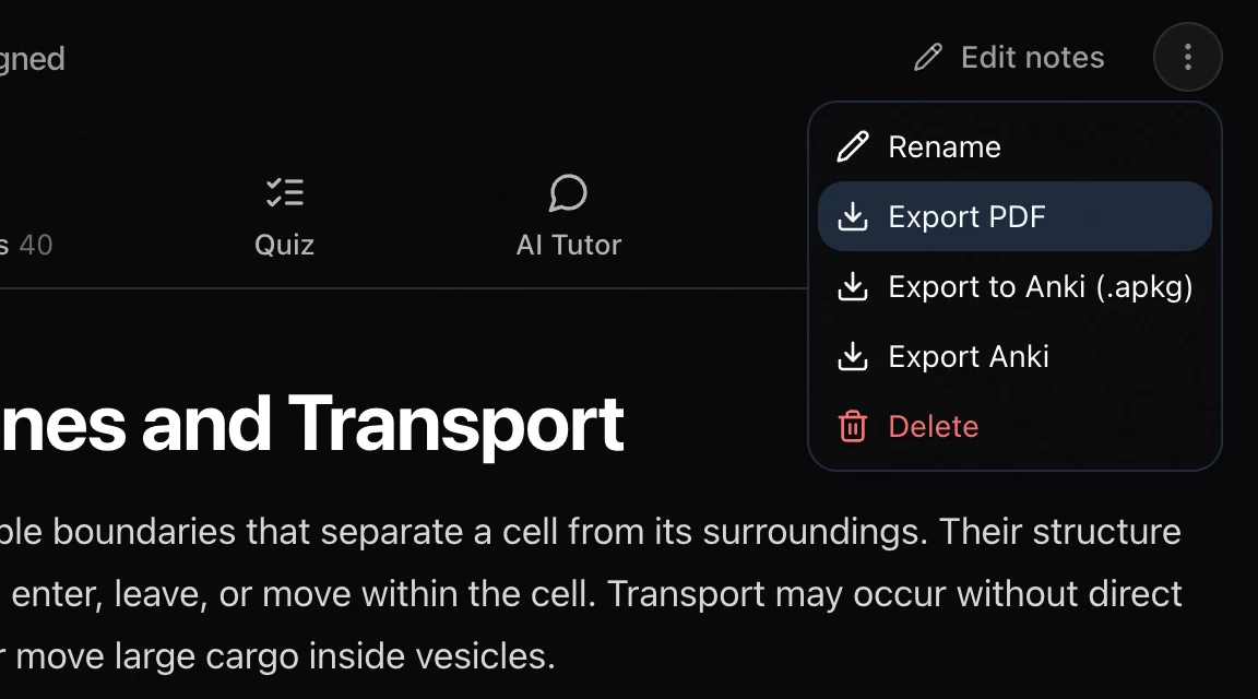 Laxu AI deck menu with Rename, Export PDF, Export to Anki and Delete