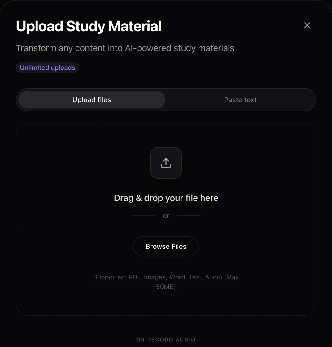 Laxu AI upload window: upload files or paste text, with PDF, images, Word, text and audio supported, and audio recording below
