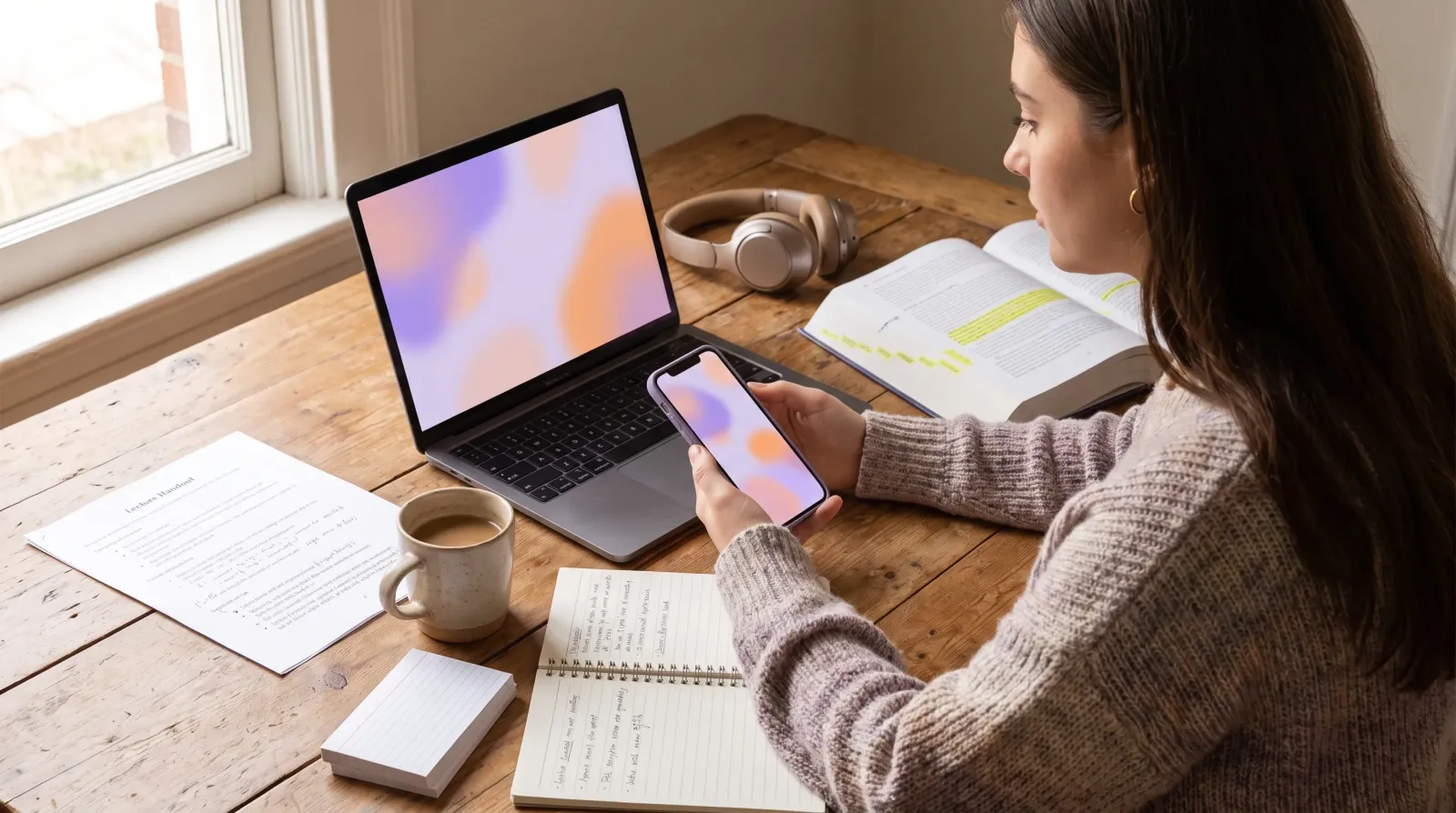 A student at a wooden desk with a laptop, phone, printed lecture handout, highlighted textbook, headphones and handwritten notes, deciding which study app to use