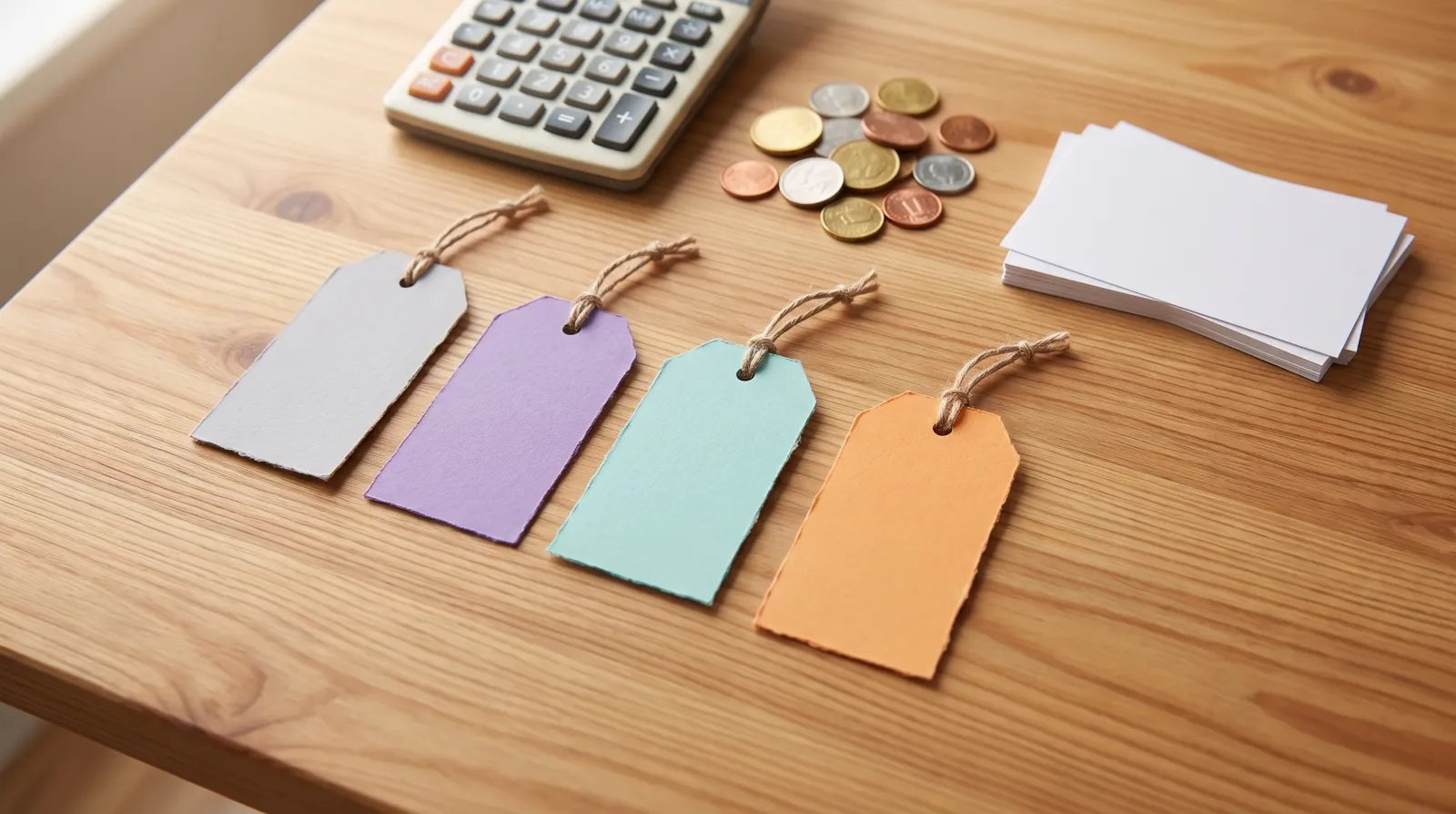 Four blank coloured paper price tags laid in a row on a wooden desk beside a calculator, loose coins and a bundle of index cards, illustrating a comparison of study app subscription costs