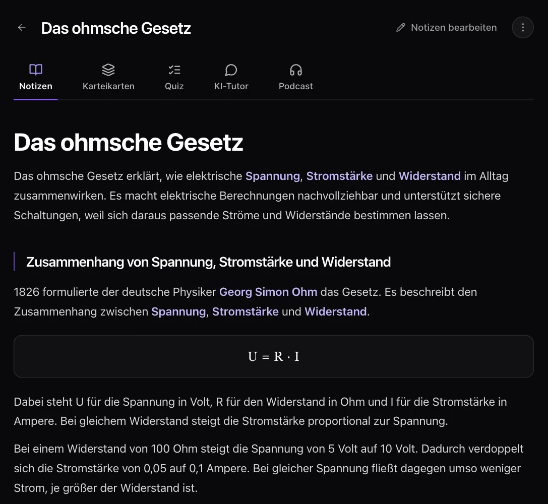 Screenshot von Laxu AI auf Deutsch: Notizen zum ohmschen Gesetz mit der Formel U = R · I