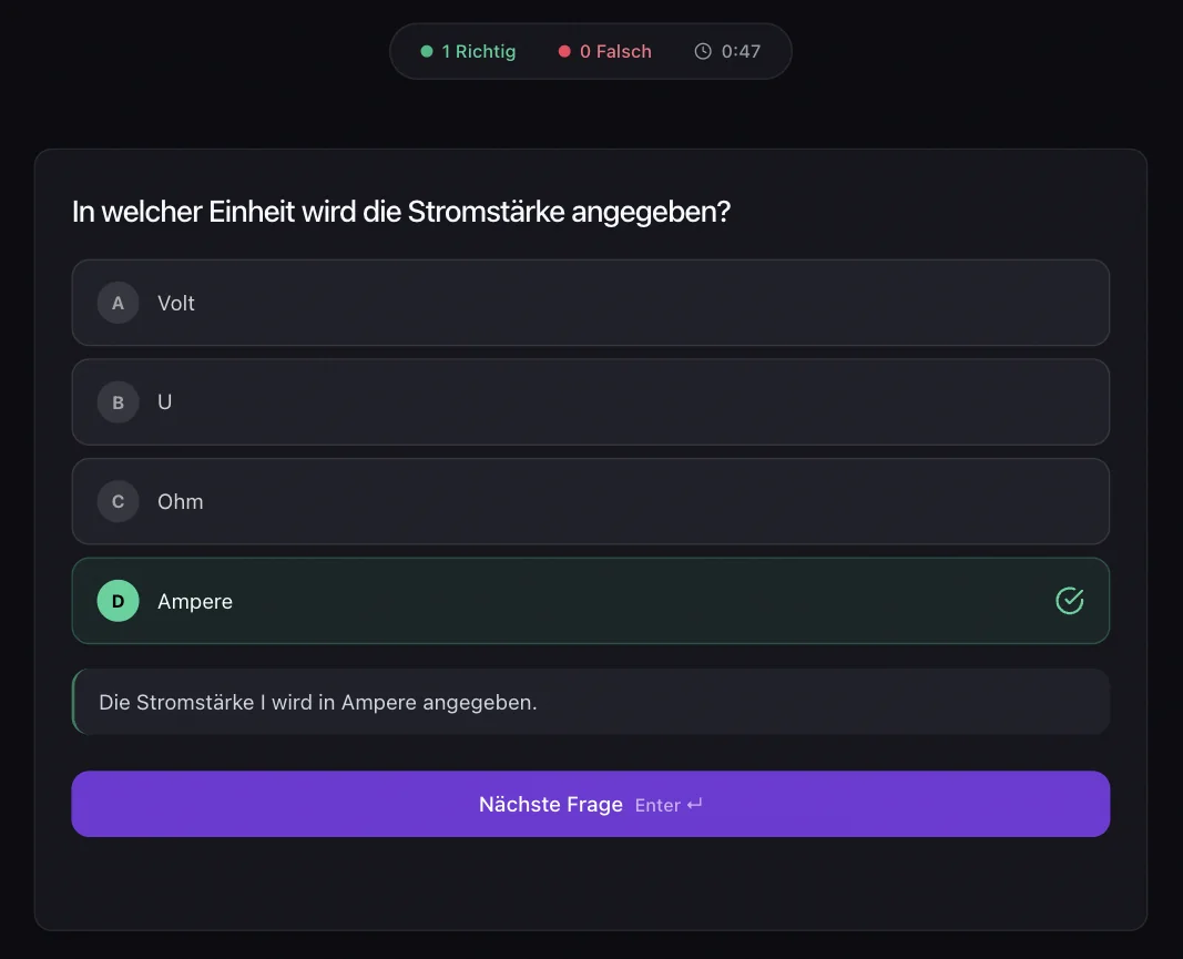 Screenshot von Laxu AI: Multiple-Choice-Frage zur Einheit der Stromstärke, richtige Antwort Ampere markiert, mit Erklärung