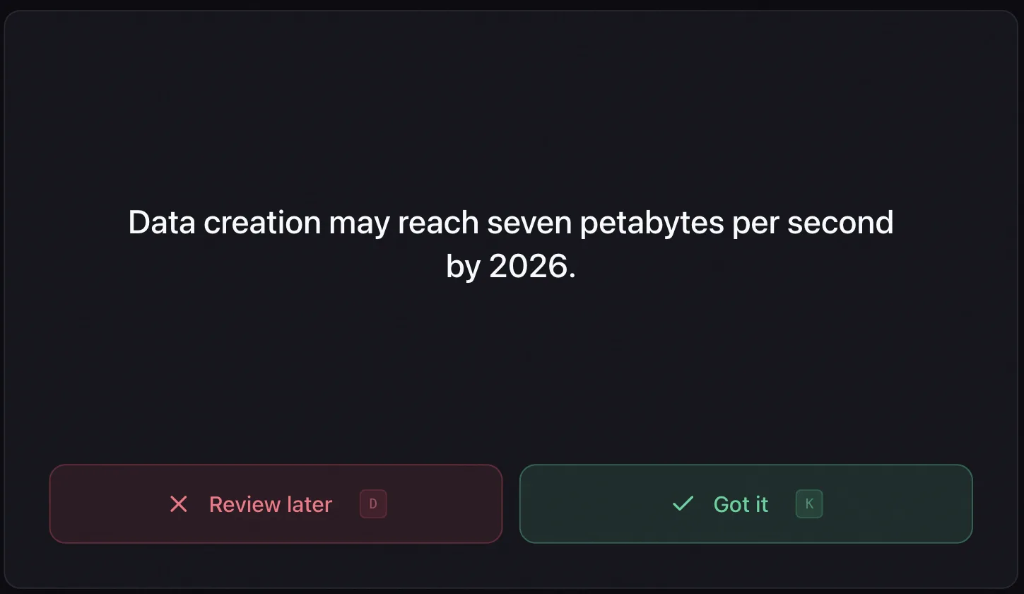 A Laxu AI flashcard showing its answer, Data creation may reach seven petabytes per second by 2026, with a red Review later button and a green Got it button underneath