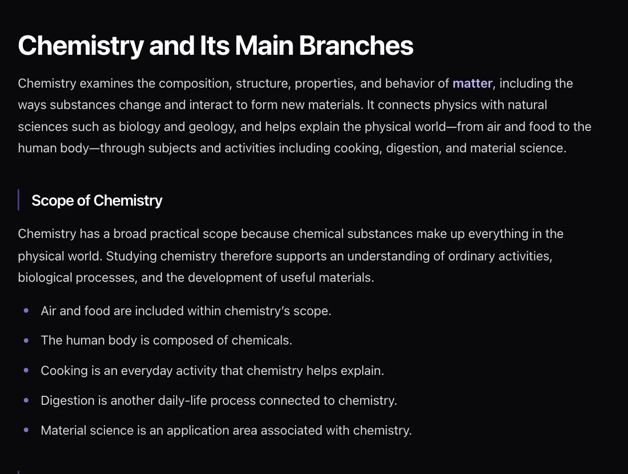 Laxu AI notes view for a chemistry chapter: the main topic as a heading, then a Scope of Chemistry section with a short paragraph and five bullet points
