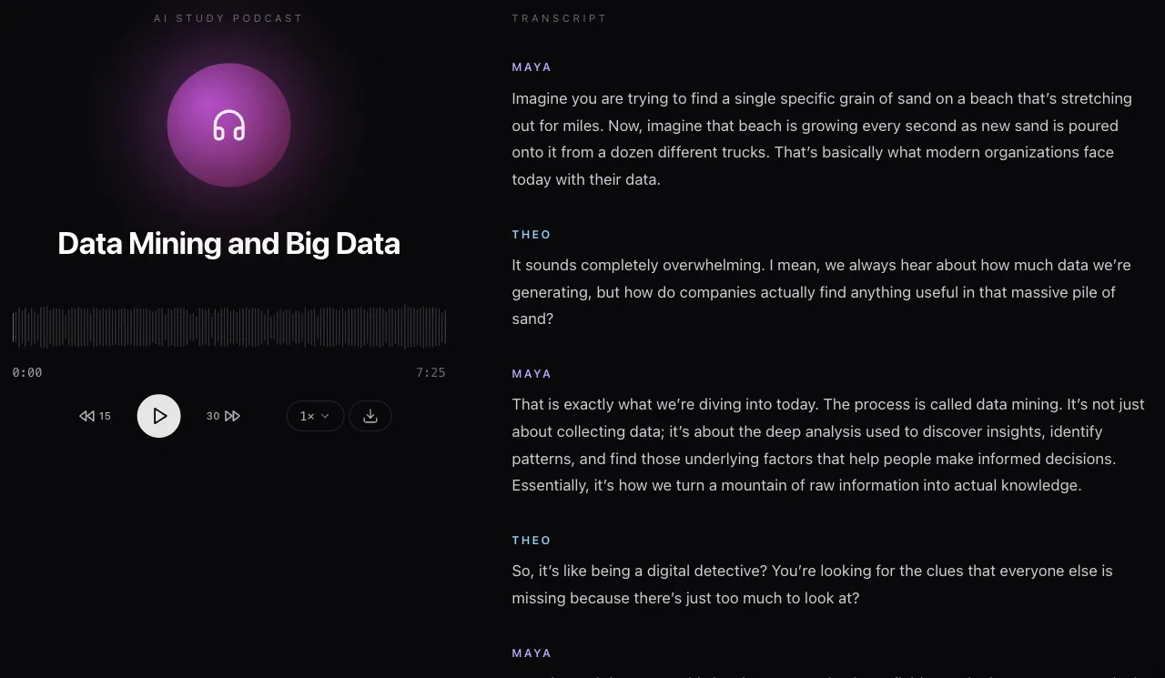 Laxu AI podcast player for Data Mining and Big Data, 7:25 long, with the transcript of hosts Maya and Theo
