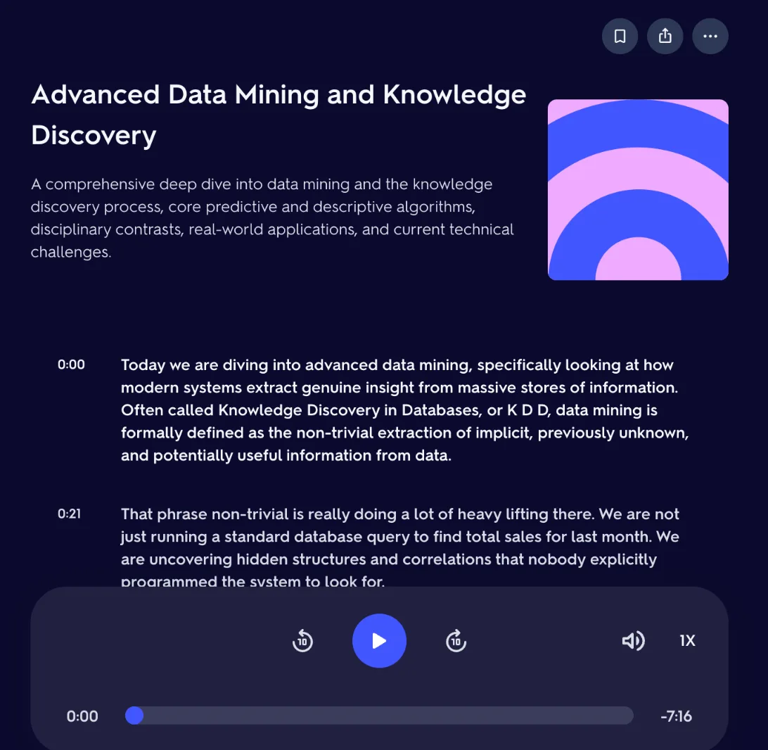 Quizlet podcast Advanced Data Mining and Knowledge Discovery with a time-stamped transcript and a 7:16 player