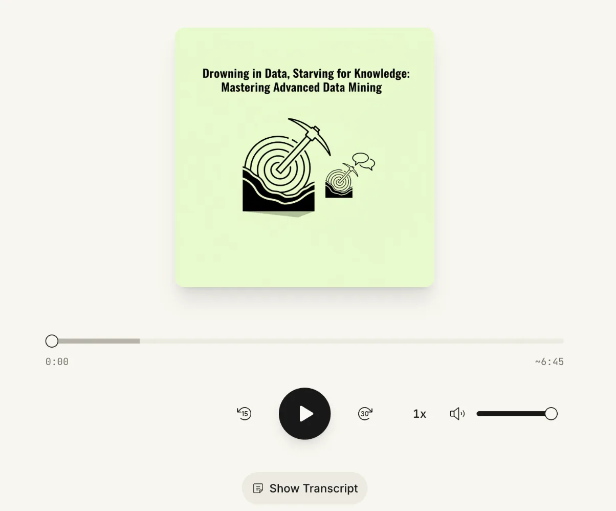 StudyFetch Audio Recap player for Drowning in Data, Starving for Knowledge, about 6:45 long
