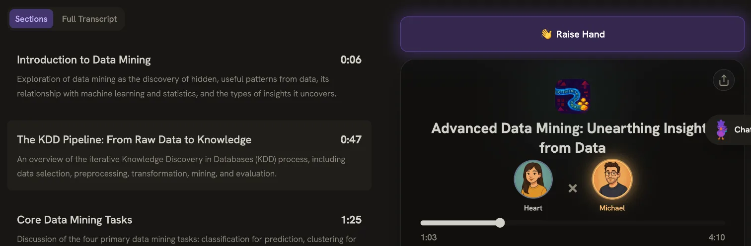 Turbo AI podcast Advanced Data Mining: Unearthing Insights from Data, with chapters and time stamps on the left and the player with two voices and a Raise Hand button on the right
