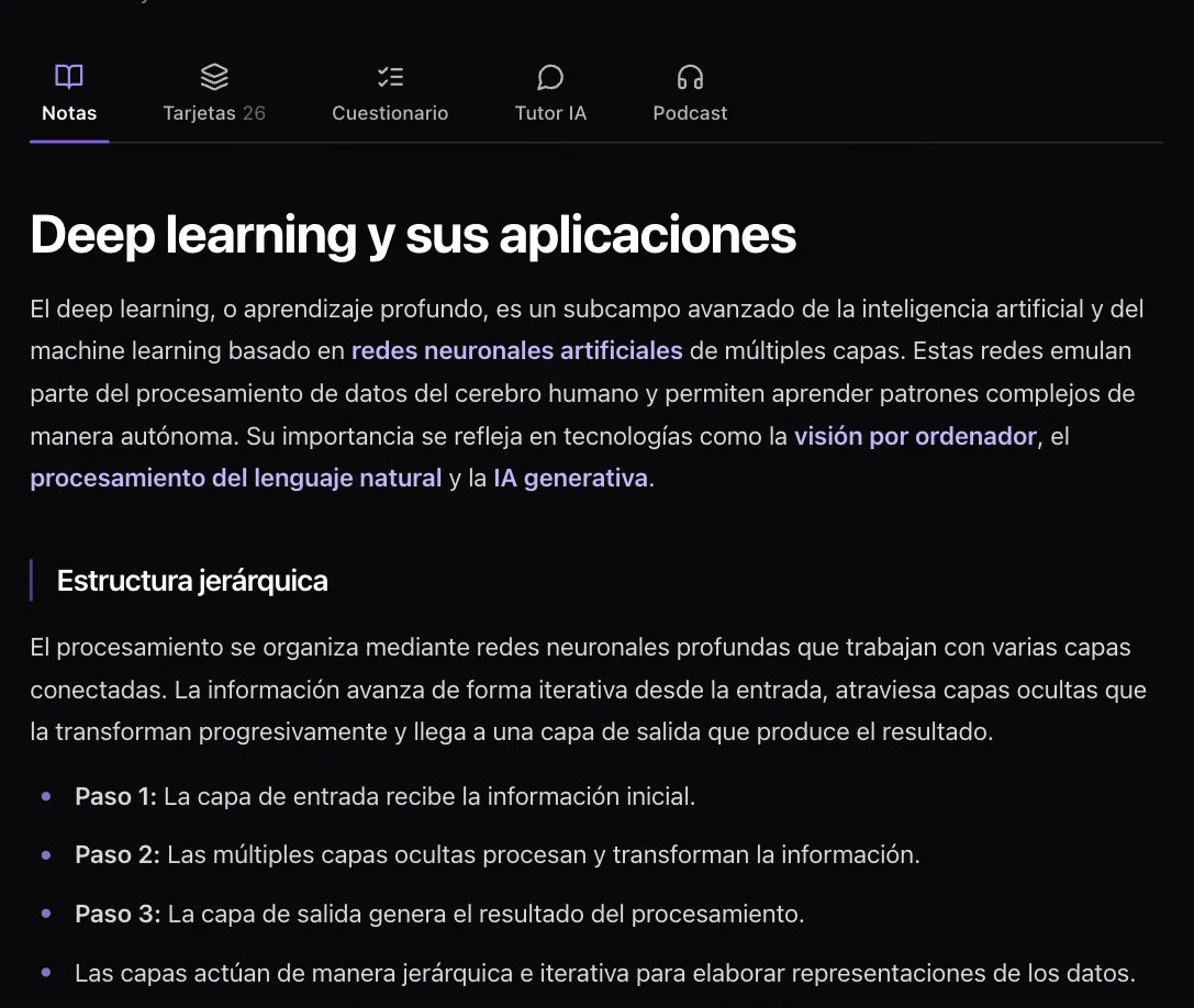 Captura de Laxu AI: apuntes generados a partir de una clase de deep learning, con la sección Estructura jerárquica