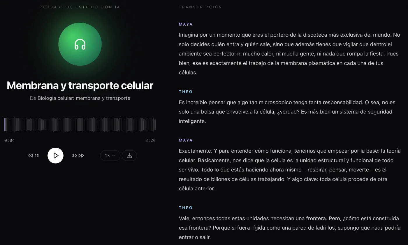 Captura de Laxu AI: reproductor del pódcast «Membrana y transporte celular» con la transcripción en español de los presentadores Maya y Theo