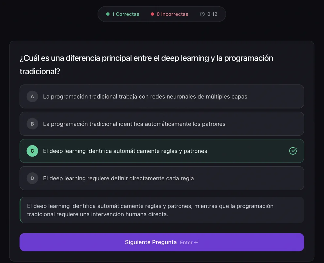 Captura de Laxu AI: pregunta de opción múltiple sobre deep learning con la respuesta correcta marcada y su explicación