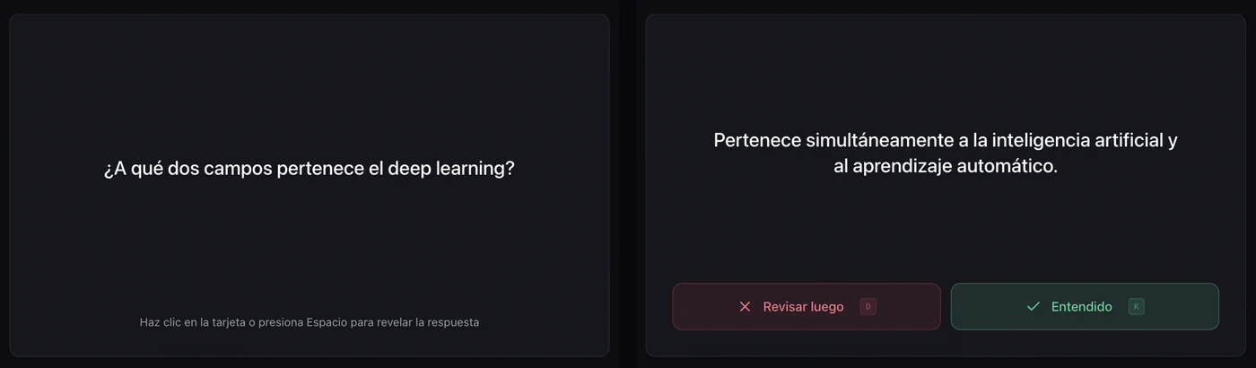 Captura de Laxu AI: anverso y reverso de una tarjeta sobre deep learning, con los botones Revisar luego y Entendido