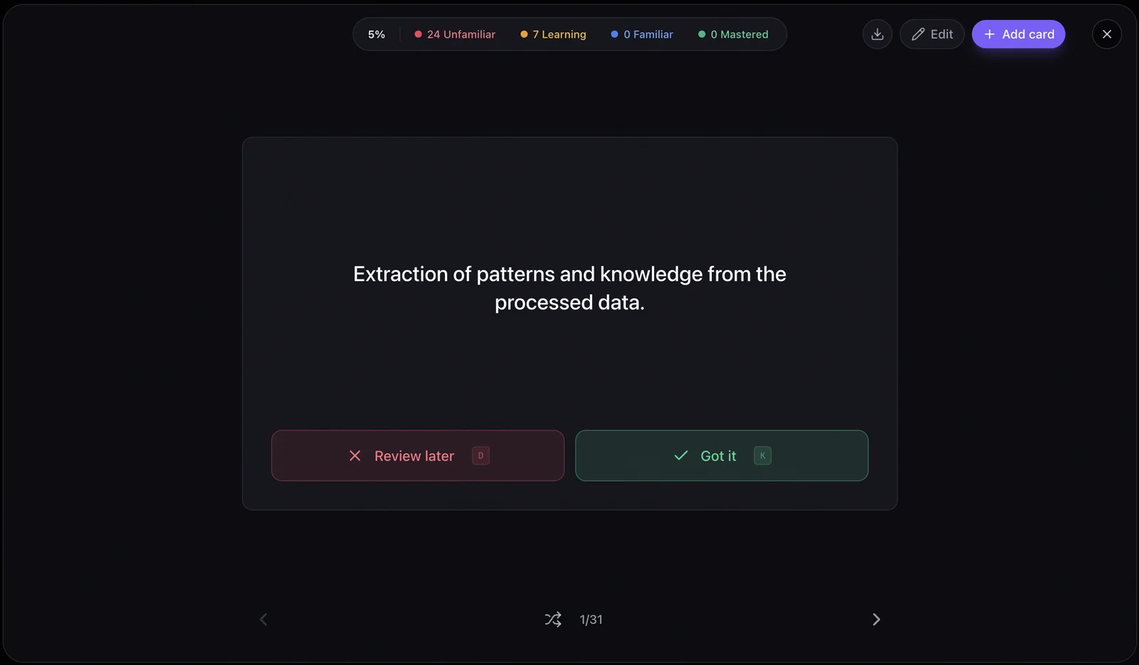 Laxu AI flashcard review screen showing one generated card — 'Extraction of patterns and knowledge from the processed data' — with Review later and Got it buttons, a progress bar reading 24 unfamiliar and 7 learning, and card 1 of 31