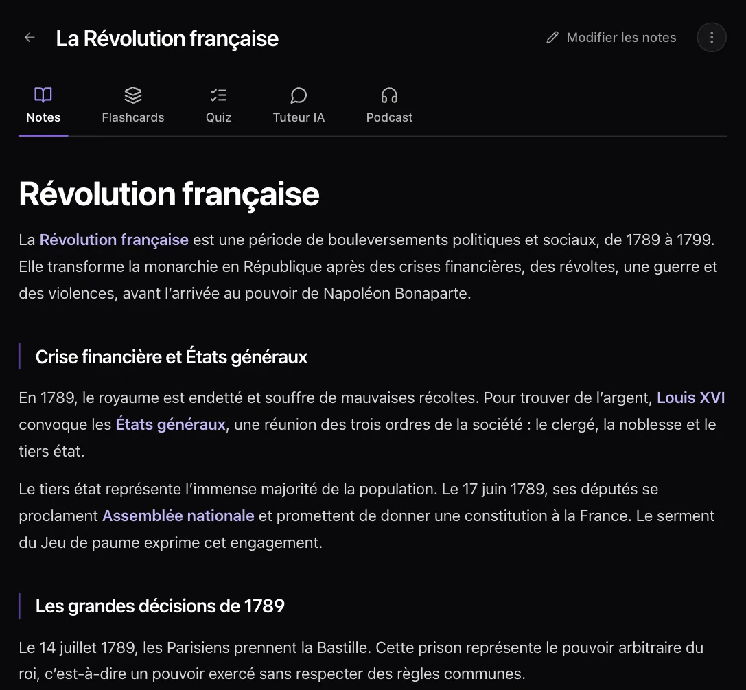 Capture d'écran de Laxu AI : fiches générées à partir d'un texte sur la Révolution française