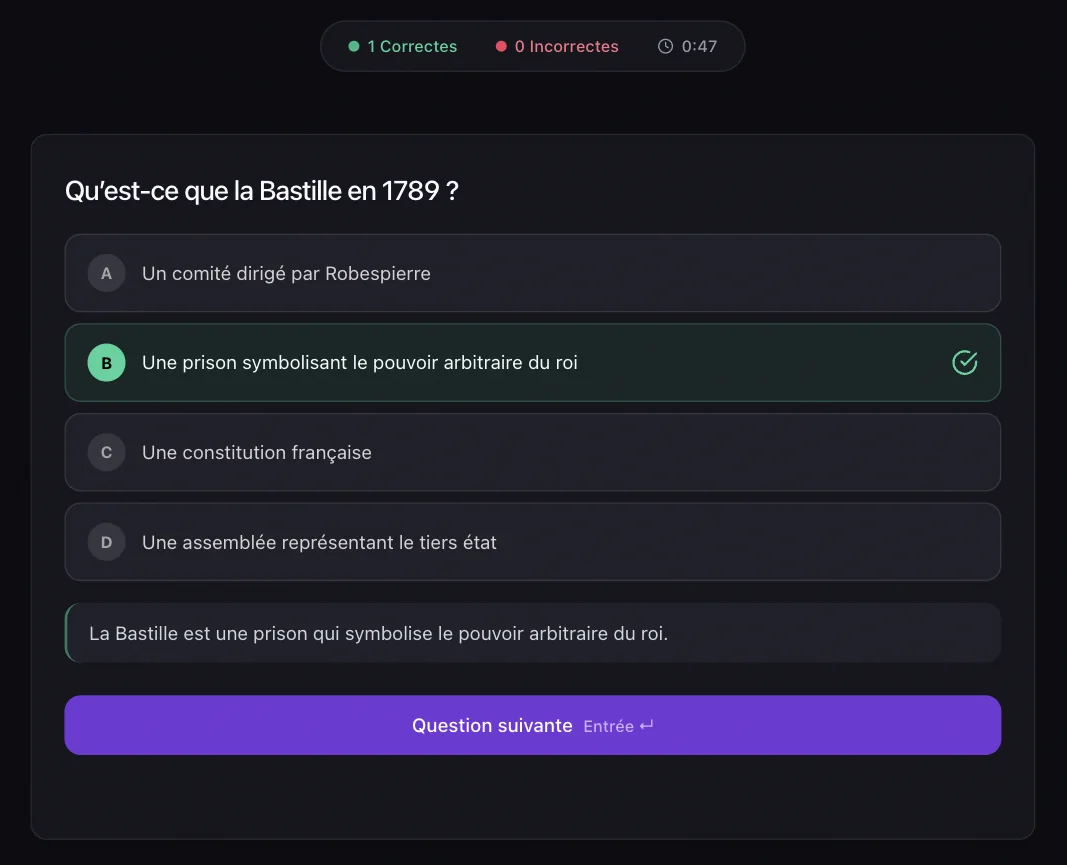Capture d'écran de Laxu AI : question à choix multiples sur la Bastille, bonne réponse cochée et explication affichée
