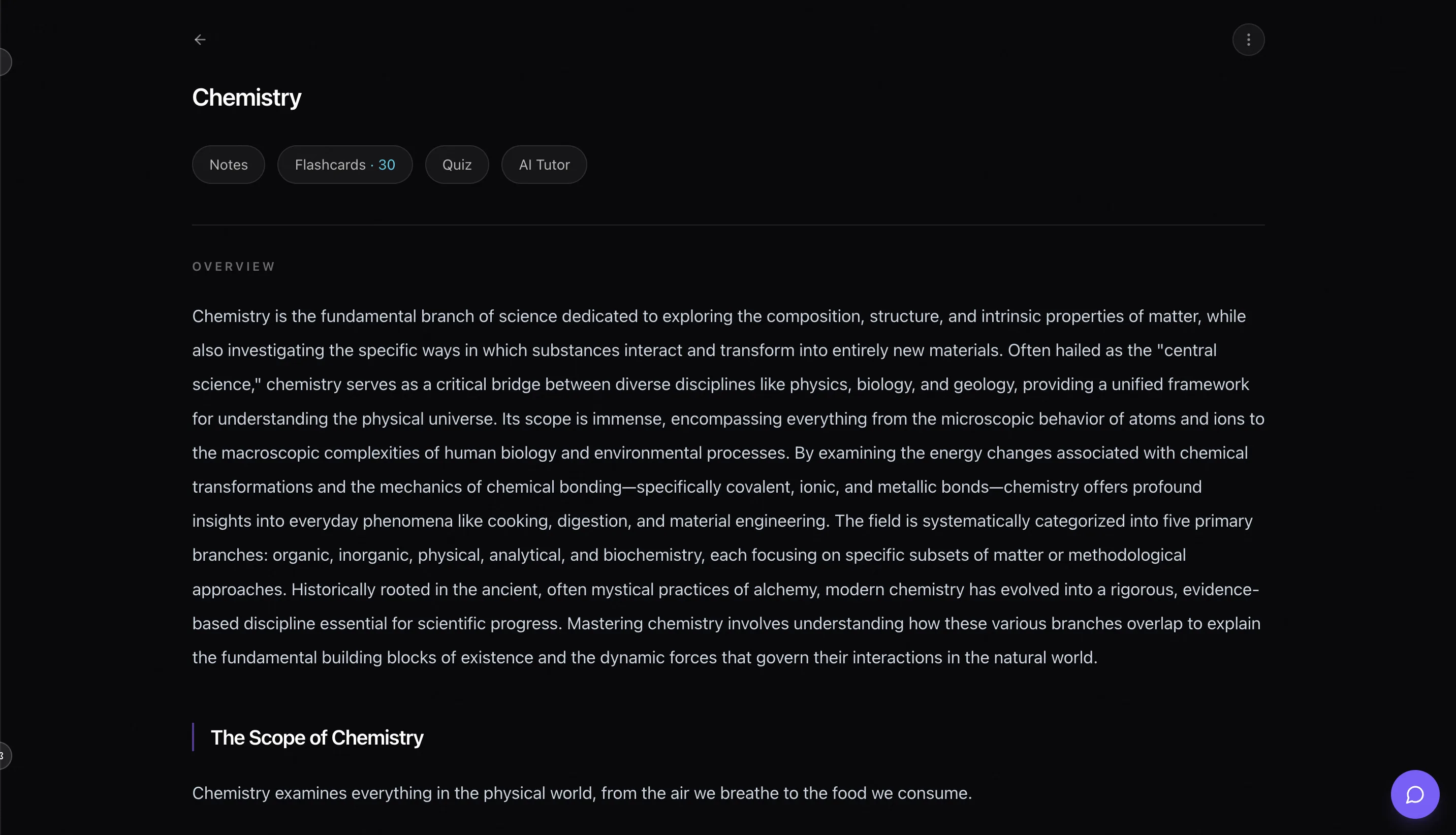 Vista de notas de Laxu AI mostrando un deck sobre Chemistry con pestañas Notes, Flashcards (30), Quiz, y AI Tutor — contenido estructurado con títulos H2