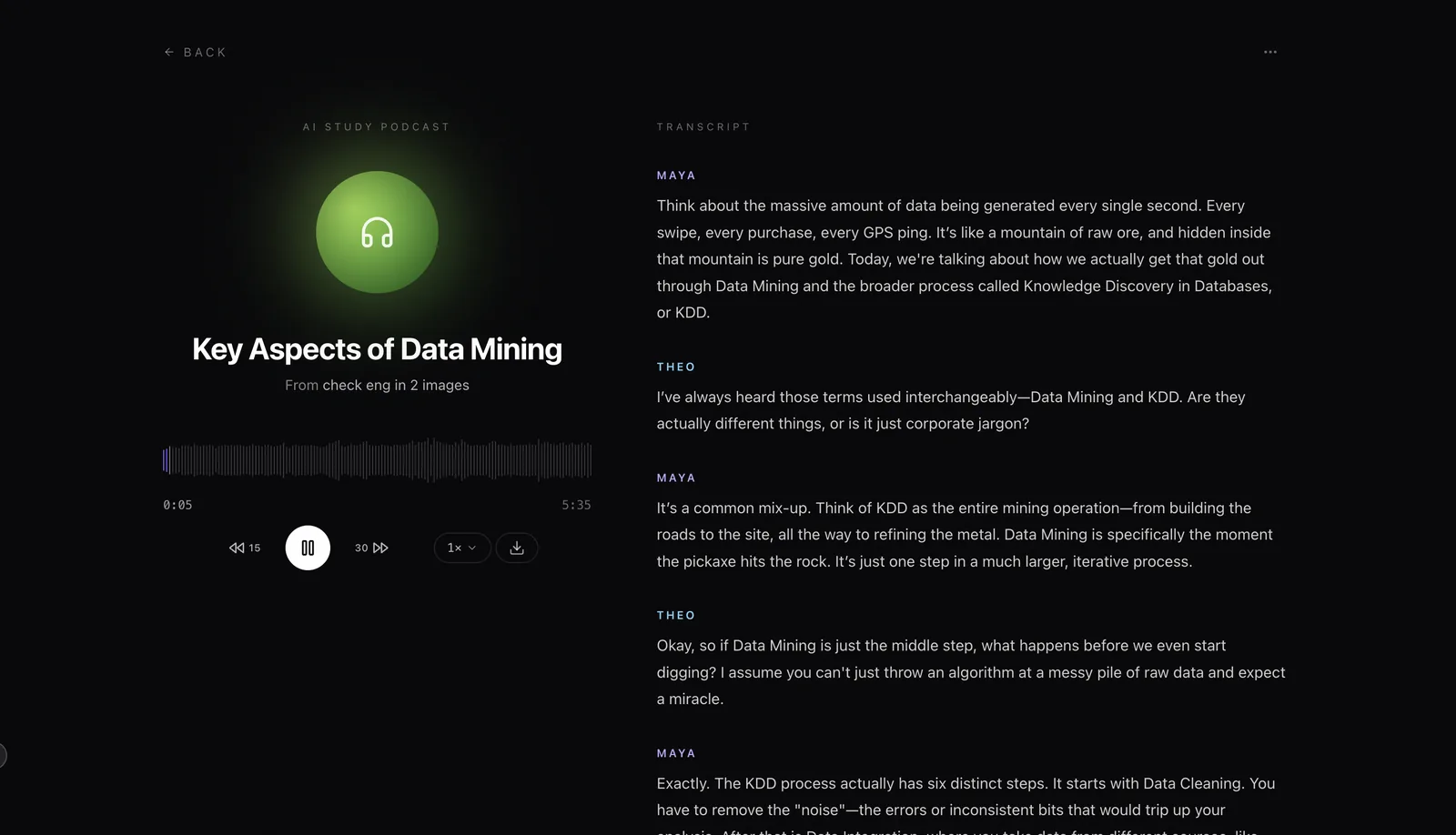 Laxu AI podcast player showing a 5 minute 35 second episode titled Key Aspects of Data Mining, with the speaker-labelled transcript for Maya and Theo scrolling alongside