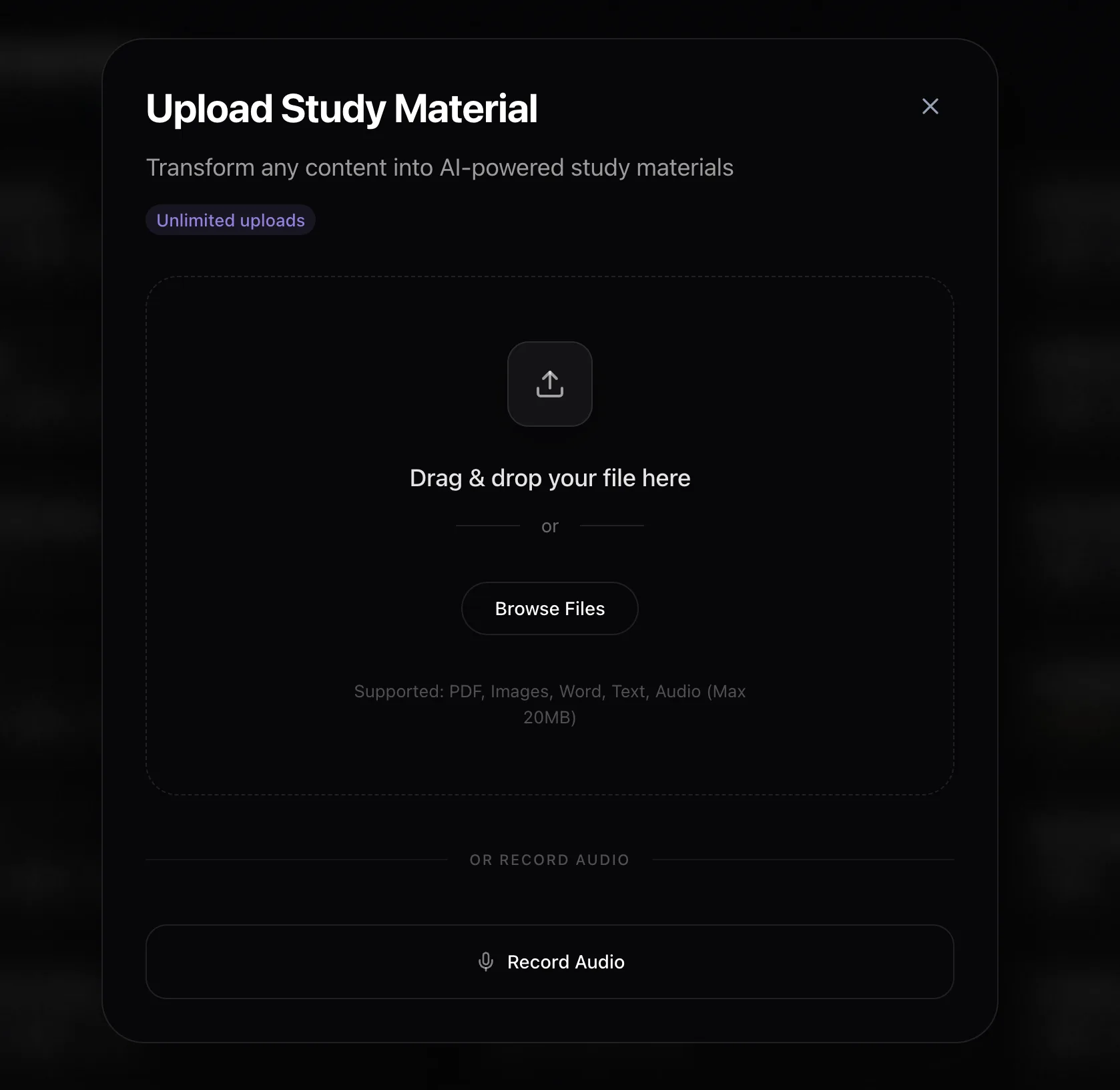 Laxu AI upload dialog with the option to add a PDF, image, audio recording or pasted text